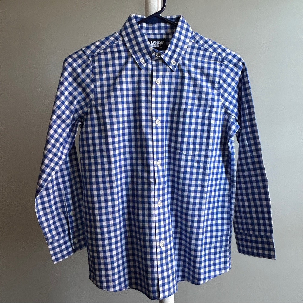 Lands' End Boy’s Blue and White Casual Dress Shirt